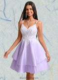 Aria A-line V-Neck Short Satin Homecoming Dress With Appliques Lace BF2P0025696