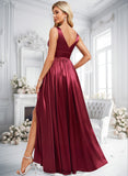 Zara A-line V-Neck Floor-Length Stretch Satin Bridesmaid Dress BF2P0025771