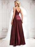 Anna A-line V-Neck Floor-Length Stretch Satin Bridesmaid Dress With Ruffle BF2P0025785