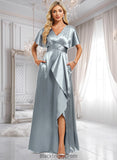 Stacy A-line V-Neck Floor-Length Stretch Satin Bridesmaid Dress With Ruffle BF2P0025767