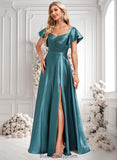 Keyla A-line V-Neck Floor-Length Stretch Satin Bridesmaid Dress With Ruffle BF2P0025780