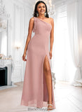 Sloane A-line One Shoulder Floor-Length Chiffon Bridesmaid Dress With Bow BF2P0025748