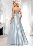 Norma A-line V-Neck Floor-Length Stretch Satin Bridesmaid Dress BF2P0025795