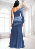 Avah A-line One Shoulder Floor-Length Stretch Satin Bridesmaid Dress With Bow BF2P0025730