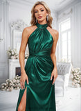 Blanche A-line Halter Floor-Length Stretch Satin Bridesmaid Dress With Ruffle BF2P0025817