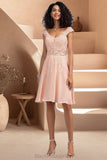 Cassie A-line V-Neck Knee-Length Chiffon Lace Homecoming Dress With Beading BF2P0020565