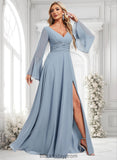 Makenna A-line V-Neck Floor-Length Chiffon Bridesmaid Dress BF2P0025798