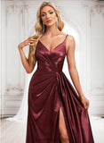 Anna A-line V-Neck Floor-Length Stretch Satin Bridesmaid Dress With Ruffle BF2P0025785