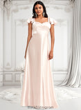 Ivy A-line V-Neck Floor-Length Stretch Satin Bridesmaid Dress With Bow BF2P0025759