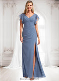 Judith A-line V-Neck Floor-Length Chiffon Bridesmaid Dress With Ruffle BF2P0025729