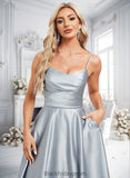 Laylah A-line V-Neck Tea-Length Satin Bridesmaid Dress BF2P0025794