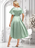 Kaylynn A-line V-Neck Asymmetrical Stretch Satin Bridesmaid Dress With Ruffle BF2P0025772