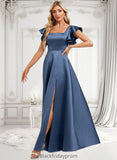 Marie A-line Square Floor-Length Satin Bridesmaid Dress With Ruffle BF2P0025774