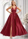 Dominique A-line V-Neck Floor-Length Satin Bridesmaid Dress BF2P0025775