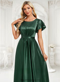 Destiney A-line Scoop Floor-Length Stretch Satin Bridesmaid Dress With Ruffle BF2P0025770