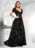 Joanne A-line V-Neck Sweep Train Floral Lace Prom Dresses With Sequins BF2P0025869