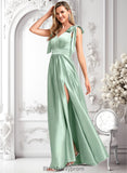 Kamora A-line V-Neck Floor-Length Stretch Satin Bridesmaid Dress With Bow BF2P0025737