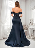 Carla Trumpet/Mermaid Off the Shoulder Sweep Train Satin Prom Dresses With Sequins Appliques Lace BF2P0025835