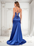 Helen Trumpet/Mermaid Straight Sweep Train Stretch Satin Prom Dresses With Rhinestone BF2P0025861