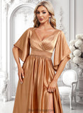 Camille A-line V-Neck Floor-Length Stretch Satin Bridesmaid Dress BF2P0025793