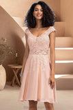 Cassie A-line V-Neck Knee-Length Chiffon Lace Homecoming Dress With Beading BF2P0020565