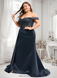 Carla Trumpet/Mermaid Off the Shoulder Sweep Train Satin Prom Dresses With Sequins Appliques Lace BF2P0025835