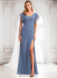 Judith A-line V-Neck Floor-Length Chiffon Bridesmaid Dress With Ruffle BF2P0025729