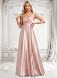 Yareli A-line V-Neck Floor-Length Stretch Satin Bridesmaid Dress BF2P0025779