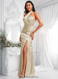 Tamara A-line Halter Floor-Length Stretch Satin Bridesmaid Dress BF2P0025761