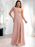 Sloane A-line One Shoulder Floor-Length Chiffon Bridesmaid Dress With Bow BF2P0025748