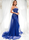 Logan Trumpet/Mermaid Straight Sweep Train Tulle Sequin Prom Dresses With Sequins Appliques Lace BF2P0025857