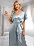 Stacy A-line V-Neck Floor-Length Stretch Satin Bridesmaid Dress With Ruffle BF2P0025767