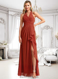 Angie A-line V-Neck Floor-Length Chiffon Bridesmaid Dress With Ruffle BF2P0025754