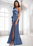 Avah A-line One Shoulder Floor-Length Stretch Satin Bridesmaid Dress With Bow BF2P0025730