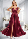 Zara A-line V-Neck Floor-Length Stretch Satin Bridesmaid Dress BF2P0025771