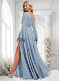 Makenna A-line V-Neck Floor-Length Chiffon Bridesmaid Dress BF2P0025798