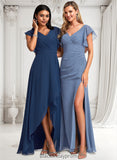 Lucille A-line V-Neck Asymmetrical Chiffon Bridesmaid Dress With Ruffle BF2P0025733