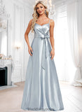 Norma A-line V-Neck Floor-Length Stretch Satin Bridesmaid Dress BF2P0025795