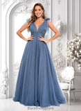 Makenna A-line V-Neck Sweep Train Tulle Prom Dresses With Bow BF2P0025854