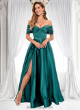 Sheila A-line Off the Shoulder Floor-Length Satin Prom Dresses With Pleated BF2P0025851