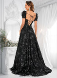 Joanne A-line V-Neck Sweep Train Floral Lace Prom Dresses With Sequins BF2P0025869