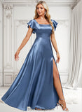 Alyvia A-line Square Floor-Length Stretch Satin Bridesmaid Dress With Ruffle BF2P0025769