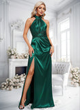 Blanche A-line Halter Floor-Length Stretch Satin Bridesmaid Dress With Ruffle BF2P0025817