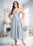 Laylah A-line V-Neck Tea-Length Satin Bridesmaid Dress BF2P0025794