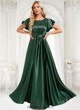 Destiney A-line Scoop Floor-Length Stretch Satin Bridesmaid Dress With Ruffle BF2P0025770