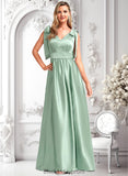 Kamora A-line V-Neck Floor-Length Stretch Satin Bridesmaid Dress With Bow BF2P0025737