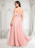 Cora A-line Sweetheart Off the Shoulder Floor-Length Tulle Floral Lace Prom Dresses With Appliques Lace BF2P0025870