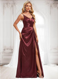 Anna A-line V-Neck Floor-Length Stretch Satin Bridesmaid Dress With Ruffle BF2P0025785