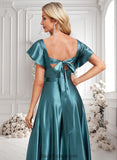 Keyla A-line V-Neck Floor-Length Stretch Satin Bridesmaid Dress With Ruffle BF2P0025780