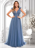 Makenna A-line V-Neck Sweep Train Tulle Prom Dresses With Bow BF2P0025854